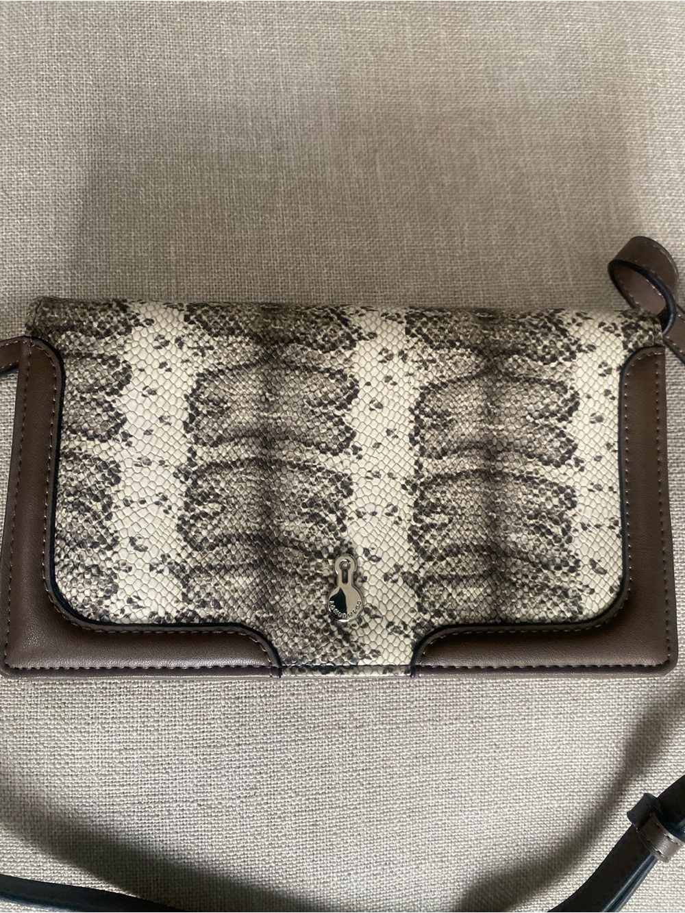 London Fog Snake-Print Crossbody in Brown and Cream